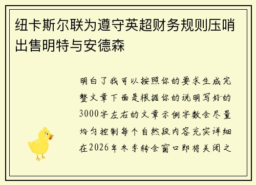 纽卡斯尔联为遵守英超财务规则压哨出售明特与安德森