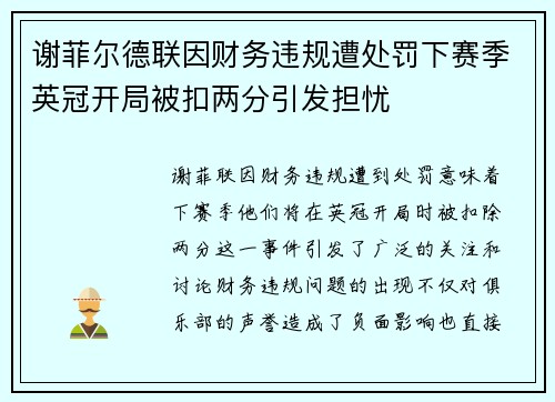 谢菲尔德联因财务违规遭处罚下赛季英冠开局被扣两分引发担忧