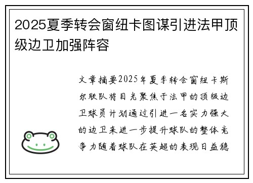 2025夏季转会窗纽卡图谋引进法甲顶级边卫加强阵容
