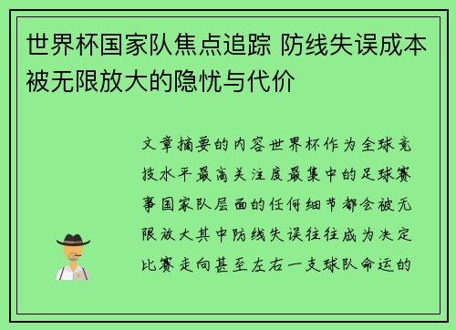 世界杯国家队焦点追踪 防线失误成本被无限放大的隐忧与代价